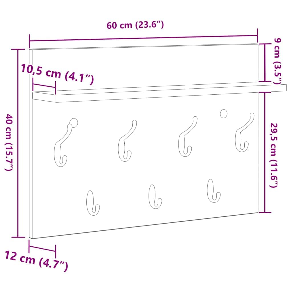 Perchero de pared gris hormigón 60 x 40 x 12 cm de material de madera con estantes y ganchos – Diseño moderno para pasillo, entrada y salón