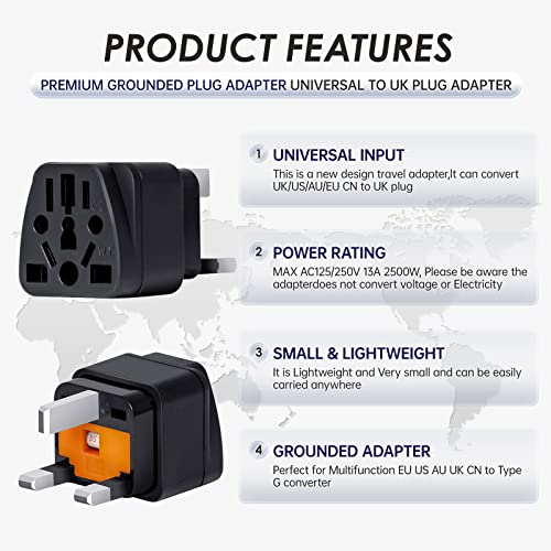 محول سفر عالمي إلى UK من انفينو™ من 3 قطع، بلون أسود، محول طاقة عالمي ثلاثي- يحول مقابس US/JP/AU/EU/CN إلى UK - مؤرض وآمن وصغير الحجم، قابل للاستخدام مع جميع الأجهزة، مع مصهر 13 امبير + 2 قطع غيار