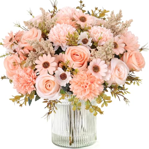 MEIVINES Flores Artificiales 4 Piezas Ramo de Seda de Rosas y Margaritas Artificiales Flores Artificiales Decoracion para Boda, Hogar, Mesa, Fiesta (Champán, 4PCS)