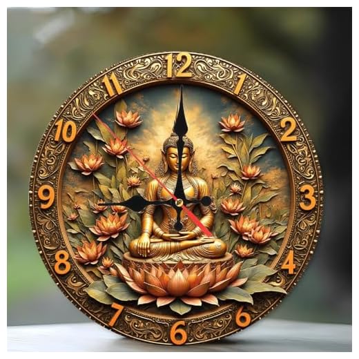 Lancholy Golden Buddha Lotus Wall Clock Home Decor 10-Inch Wooden Wall Clock, Silent Movement, Battery Operated (AA Batteries Not Included), Artistic Home Decor, Perfect for Home Accents