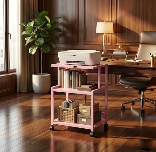 Image of Premium Metal Iron Pink Printer Stand with Wheels - Heavy-Duty & Stylish Storage Solution for Files, and Essentials - Durable, Modern & Perfect for Homes & Offices. (Pink)
