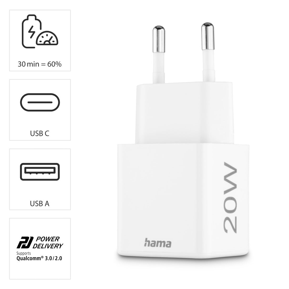 Hama Ładowarka sieciowa mini do Apple (USB C, USB A, 20 W, Quick Charge 3.0, charger, do smartfonów, tabletów, szybkie ładowanie) biała