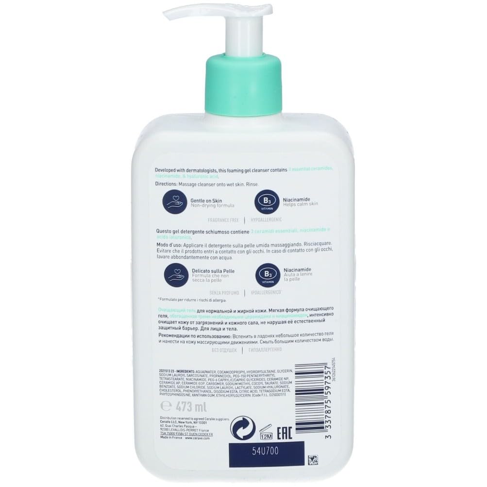 CeraVe Schiuma Detergente, Per Viso e Corpo, Per Pelli da Normali a Grasse, Pelle Libera da Impurità, Barriera Cutanea Rafforzata, Con Ceramidi Essenziali, Acido Ialuronico e Niacinamide, 562 ml