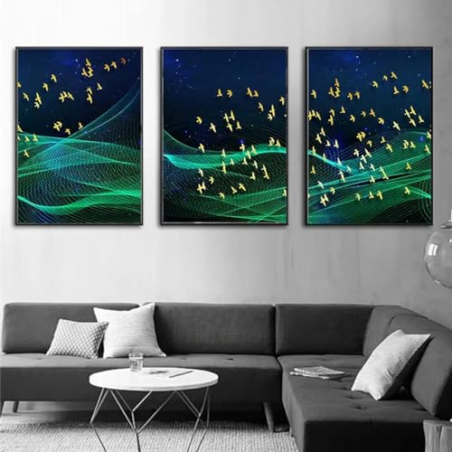 Oiseaux dorés sur toile murale pour salon moderne affiche jaune et bleu 60x90 cm