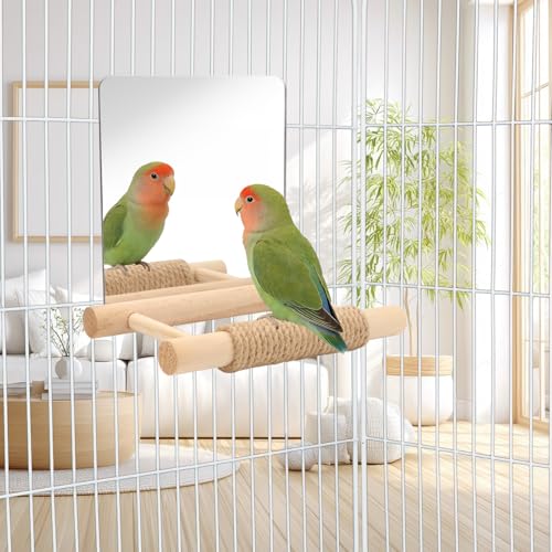 Image of Litewoo 6.7 inch Bird Mirror for Cage Wooden Hanging Parrot Perch Swing Toy | Acrylic mirror with wooden stand, hemp rope for foot care, reduces bird loneliness, for parakeet /budgie /cockatiel /lovebird