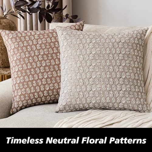 Image of Foindtower Set of 2 Decorative Vintage Floral Print Throw Pillow Covers Neutral Farmhouse Cushion Covers Boho Home Decor for Sofa Couch Chair Bedroom Living Room,24x24 Inch,Light Orange Brown