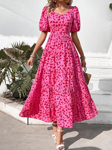 Image of PRETTYGARDEN Puff Short Sleeve Cewneck Floral Long Fall Dresses for Women 2025 Flowy Tiered Hem Maxi Wedding Guest Dress