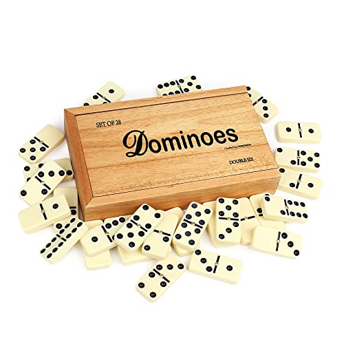 Hibonia Dominoes Set-28 Piece Double 6 Ivory Domino Tiles Set, Classic Numbers Table Game With Wooden Carrying/Storage Case #TOP1