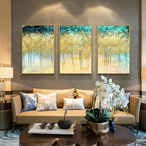 Art mural abstrait feuille d'or triptyque 50x70 cm sans cadre pour salon moderne - 2