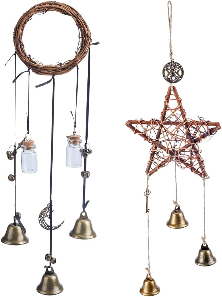 GORGECRAFT 2 Style Witch Bells Magic Wind Chimes Rattan and Alloy Doorknob Hanging Bells Door Knob Hanger Witchcraft Decor Wiccan Bell for Home Protection Door Car Wall Decor Blessing Gifts