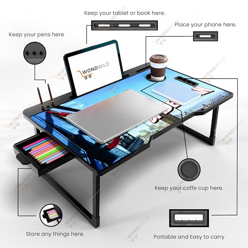 Image of WONDWILD Smart Multipurpose Foldable Laptop Table with Cup Holder, Study Table, Bed Table, Breakfast Table, Foldable and Portable /Ergonomic & Rounded Edges /Non-Slip Legs (ABS SP)