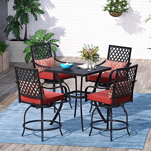 Sophia & William Patio Bar Set 5-Piece Outdoor High Dining Set With 4 Swivel Bar Stools With Red Cushion And 1 Square Bar Height Table With Umbrella Hole #TOP1