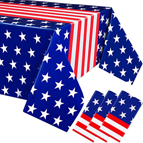 Image of Newwiee 3 Pcs 4th of July Patriotic Tablecloth Disposable American Flag Tablecloth 54x108 Plastic Red White Blue Independence Day Rectangle Table Cover 250th Decoration (American Flag Style)