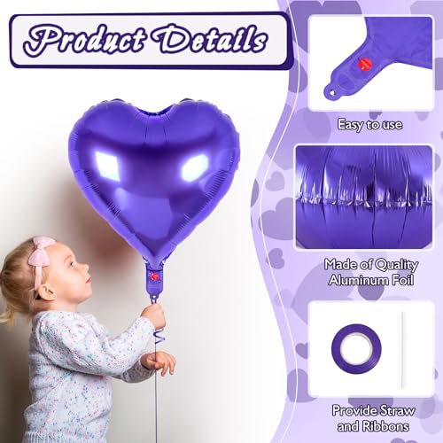 Image of 36 Pcs Purple Heart Balloons,18 Inch Heart Foil Balloons Valentine Balloon for Wedding Engagement Party Valentine Day Decorations