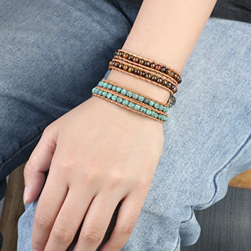 Image of KELITCH Double Wrap Bracelet Women Hand-Braided Turquoise Beads Bracelets Boho Leather Bracelets Bangle