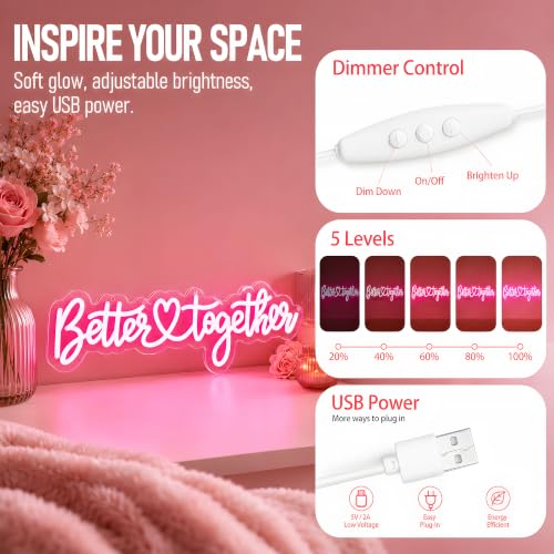 Image of Better Together Neon Sign for Wall Decor - USB Powered Dimmable Pink Script LED Word Light for Wedding Backdrop Engagement Party Bridal Shower Sweetheart Table Couple Gift