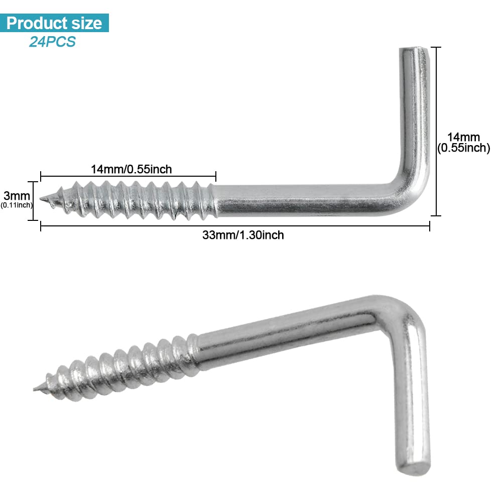 YXQ 24pcs Square Bend Hooks,M3-33x14mm Self-Tapping L Shape Right Angle Wall Hook for Hang Display Medal Jewelry, Zinc Plated