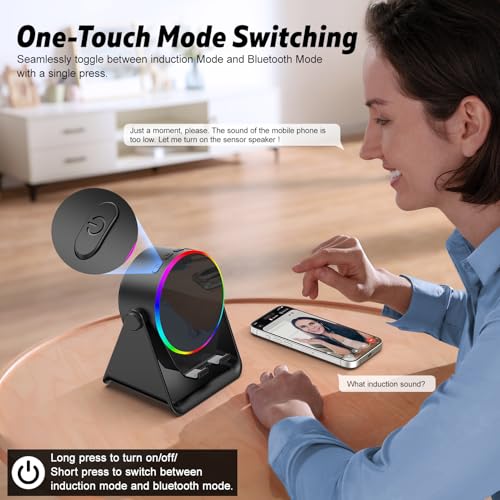 Wireless Induction Speaker- 4 in1 Bluetooth Speaker Phone Stand with Colorful Ambient Light 360° Rotation Compatible with iPhone/Android/iPad/Samsung Galaxy- Unique Birthday Gift for Men Women Adults
