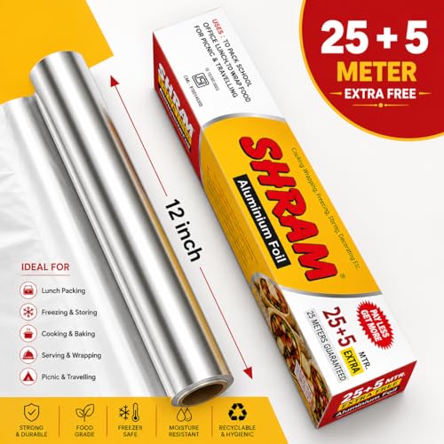 Image of Aluminium Foil 25 Meter + 5 Meter Free | 11 Micron Food Grade Kitchen Foil Roll | Safe Paper Zigzag Cutter | Multipurpose Foil for Home, Hotel & Restaurant Use | Baking, Grilling & Food Wrapping
