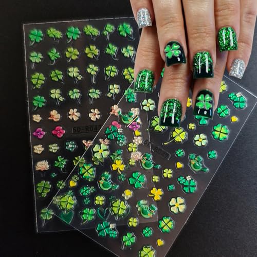2 Sheets Green Shamrock Nail Art Stickers 5D Embossed St. Patrick's Day Nails Stickers Self Adhesive Nail Decals Shamrocks Green Nails Design Supplies for Women St. Patrick's Day Manicure Decoration