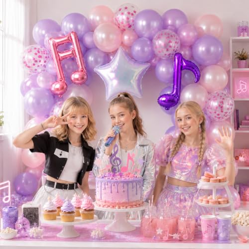 Image of Pink Purple Music Note Iridescent Star Balloons for Birthday Party Decor | Kpop Pearl Pastel Purple Pink Confetti Balloon for Girls Birthday Kpop Music Themed Korean Pop Karaoke Disco Party Decoration