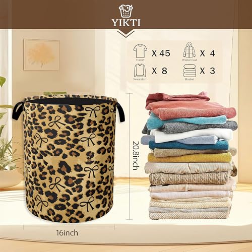 Image of Brow Leopard Laundry Basket,Black Bow Clothes Hamper,Oxford Cloth Collapsible Nursery Hamper Storage Organization for Bedroom,Bathroom,Office,College Dorms,16x20 Inch