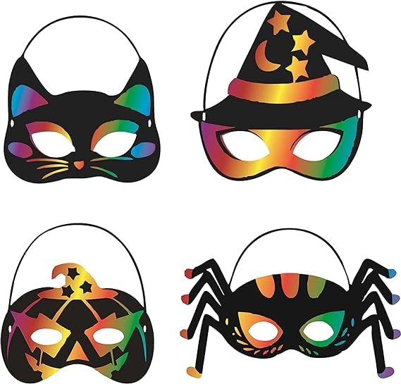 4x Halloween Pumpkin, Bat, Witch and Spider Pattern Mask for Kids and Adults Halloween Scraper Foil Masks - Image 2