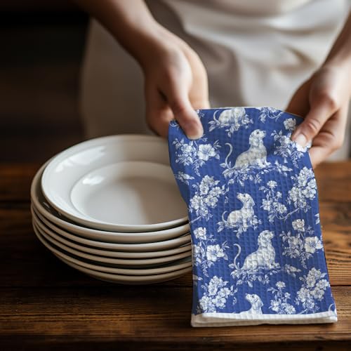 Image of Chinoiserie Dachshund Kitchen Towels, Dachshund Weiner Dog Lover Gifts Dish Tea Towels for Kitchen Decor, Grandmillennial Weiner Dog Decorative Hand Towels for Bathroom, 16x24 Inch
