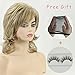 RENERSHOW Short Mixed Blonde Curly Wig with Bangs Natural Wavy Synthetic Wigs for Women