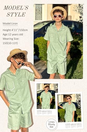 Image of LOLANTA Boys 2 Pieces Linen Set kids Short Sleeve Button Down Shirt and Shorts Summer Vacation Outfits