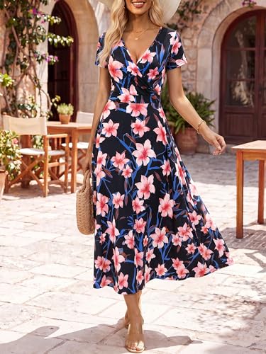 Image of HUHOT Women's Short Sleeve Wrap V Neck Dresses for Wedding Guest Summer Floral Maxi Sundresses with Pockets Boho Dress