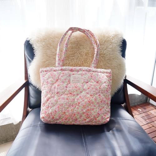 Image of Floral Quilted Cotton Shoulder Bag for Women Medium Size Handbag Large Capacity Thickened Design Tote