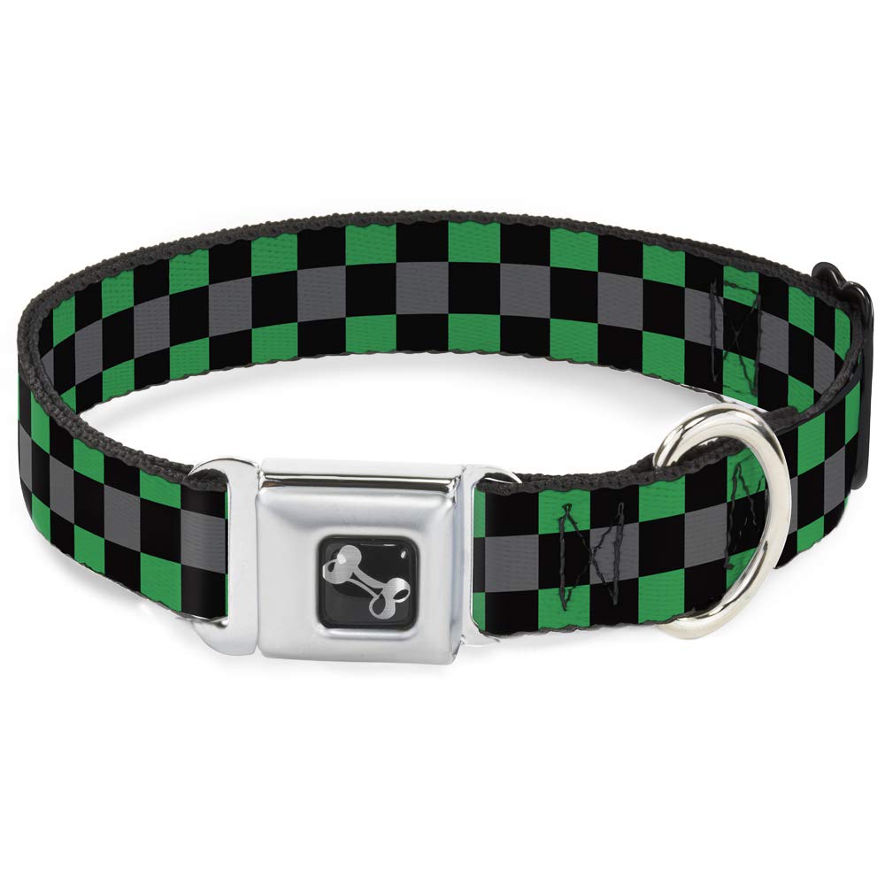 Buckle Down Checker Black/Gray/2 Green Dog Collar Bone, Wide Medium/16-23 โ image 1
