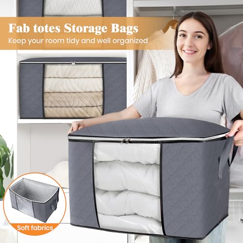 Image of Fab totes 24 Gallons Clothes Storage, Foldable Thick Fabric Blanket Storage Bags, Containers for Organizing Bedroom, Closet, Clothing, Comforter, Organization with Handle (8 Pack,Grey)