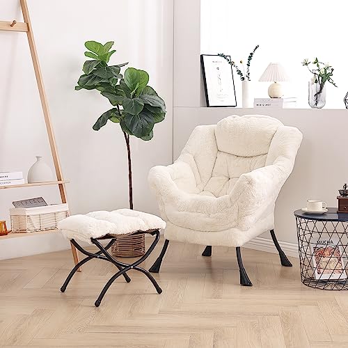 Image of LITA Lazy Chair with Ottoman, Modern Accent Leisure Upholstered Sofa Chair, Lounge Reading Chair with Armrests and a Side Pocket for Living Room, Bedroom & Small Space, Plush Beige
