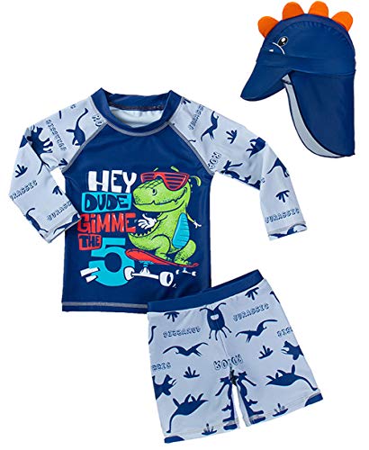 SGMWVB Baby and Toddler Boys' 3-Piece Swimsuit Set Kids Bathing Suit Swimwear with Hat Surfing Suit UPF 50+ FBA (Sunglasses Dinosaur, 18-24 Months)