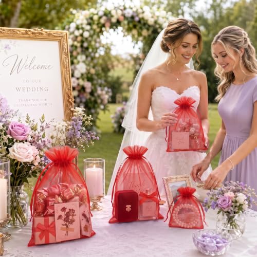 Image of FUNFERY 100PCS Red Organza Gift Bags 5x7in,Drawstring Pouch for Jewelry
