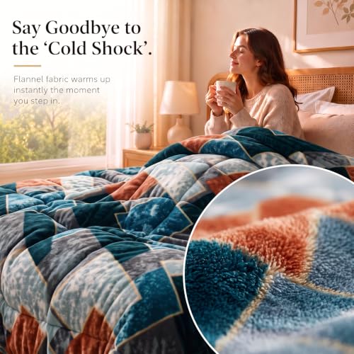 Image of SANMARINO Luxury Flannel Quilted Comforter for Double Bed | Ultra Soft Plush Razai with Modern Geometric Design | Fuffly, Cozy All Season Blanket for Mild & Heavy Winter |220x230 cm,Navy Blue & Rust