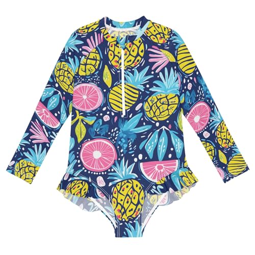 ALAZA Bathing Suits for Girls Toddler Girl Swimsuit Pineapple Fruits Long Sleeve UPF 50+ 5-6T