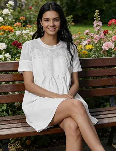 Image of Womens Summer Lace Mini Babydoll Dress Ruffled Collar Short Sleeve Loose Mesh Swing Elegant Flared Sundress