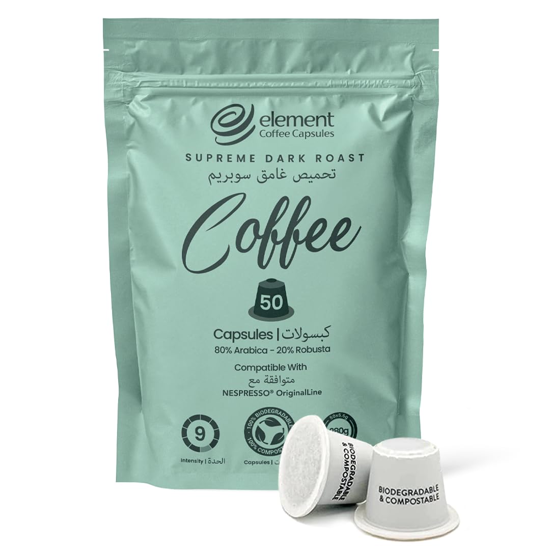 Element Coffee Capsules Supreme Dark Roast - Pack of 50 | Biodegradable & Compostable | South American & South Asian Blend | 80% Arabica, 20% Robusta | Compatible with Nespresso Original Line | 280g