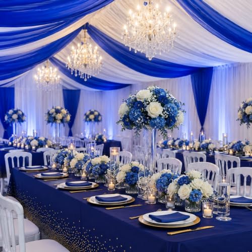 Image of Blue Orchards Blue and Gold Dots Table Cover (Pack of 3 with 20 Glue dots) - 54 inchx108 inch XL - Plastic Tablecloth, Anniversary, Wedding, Graduation Decoration, Picnic & Golden Birthday Party Supplies