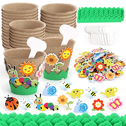 Ayfjovs 55 Pack Garden Paper Pot Craft Kit, Kids Flower Plant Growing Kit with 200 PCS Adhesive Foam Stickers and 55 PCS Plant Pots Labels for Classroom DIY Planting, Kids Summer Craft, Birthday Gift