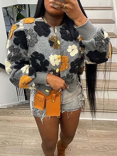 Alunzoem Wool Coats for Women Flower Bomber Jacket Long Sleeve Button Down Fashion Sweater Jackets Outerwear4
