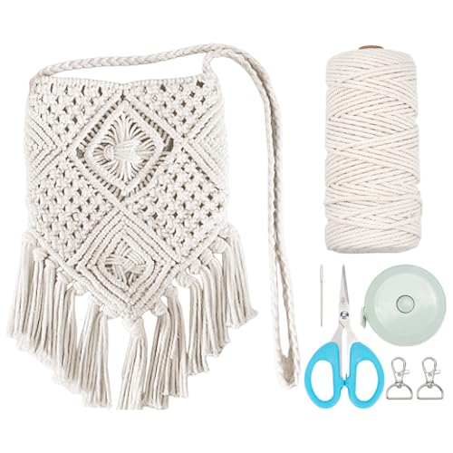 INFUNLY Kit de bolsa de macramê DIY para iniciantes bege boho macramê kit de bolsa de ombro com borlas kit de bolsa de corda de algodão faça você mesmo com instruções tutorial em vídeo tutorial feito