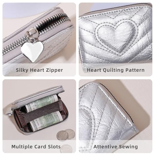 Credit Card Holder, Cute Wallet Women, Love Heart Shaped Zipper Business Card Holder Small Wallets Woman for Cash, Key, Change, ID Card (Silvery)3