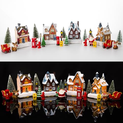 Christmas Village Sets, Resin Christmas Village Houses with LED Light, Christmas Town Scene Figurines Building Sets Christmas Indoor Decor Collection Buildings