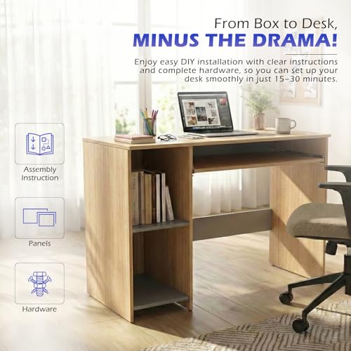 Image of 104x50x75CM Engineered Wood Study Table with Keyboard Tray & 2 Open Storage Shelves for Home, Office | Moisture Proof Computer, Laptop Table | 1 Year Warranty- Urban Teak&Grey