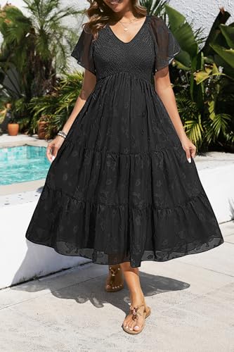 Image of Pinup Fashion Maternity Summer Dress Baby Shower Easter Pregnancy A-Line | Smocked V-neck, flutter sleeves, breathable floral fabric, bump friendly, perfect for photoshoot, spring casual,postpartum