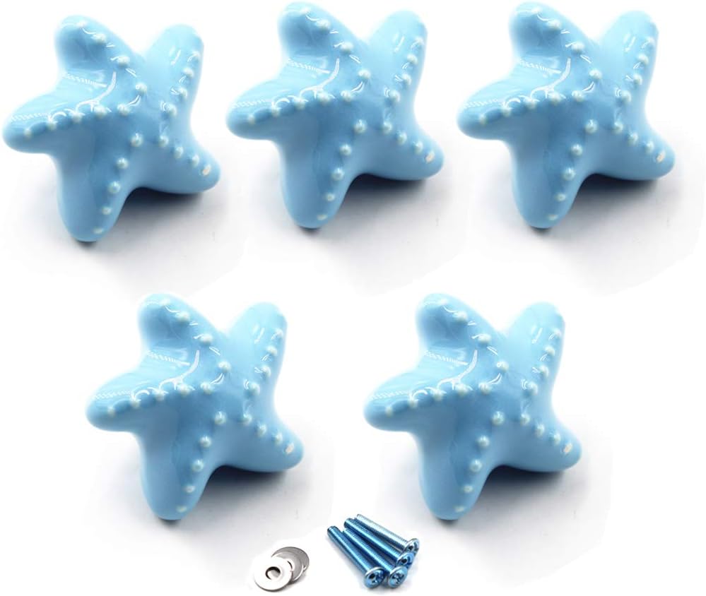 Flomore Blue Drawer Knob Ceramic Cabinet Knobs Kids Room Handle Pull Starfish Shape for Dresser Drawers (Pack of 5 Screws Included)